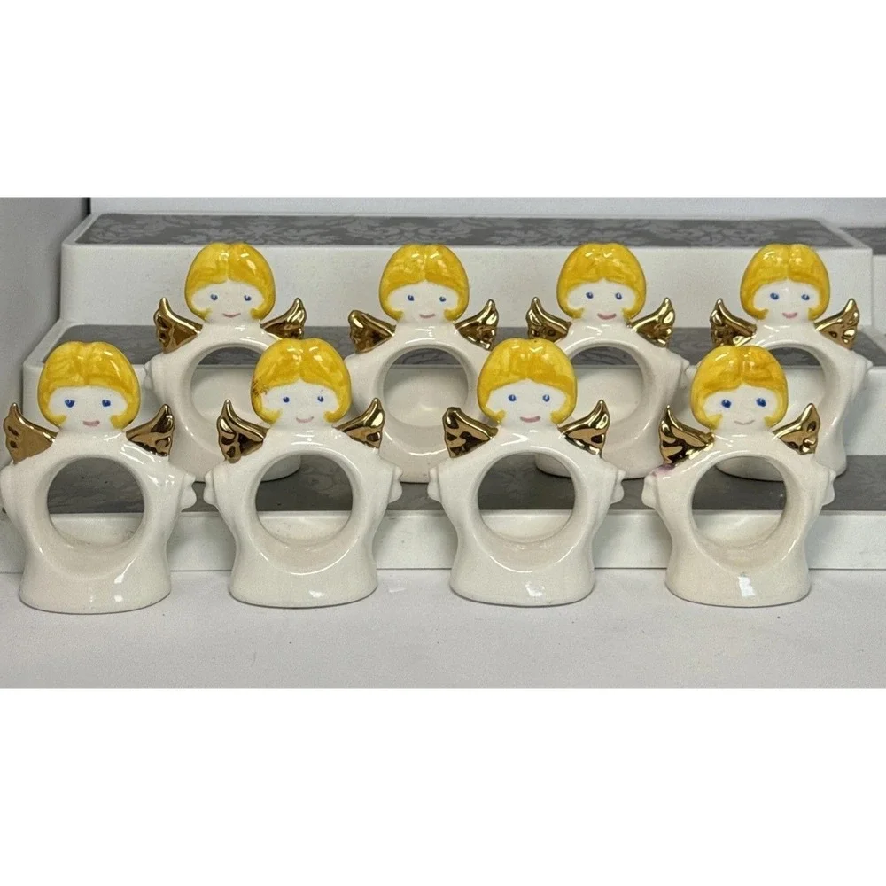 VTG Ceramic‎ Set 8 Standing Angel Napkin Holders Rings White Christmas Dinner
